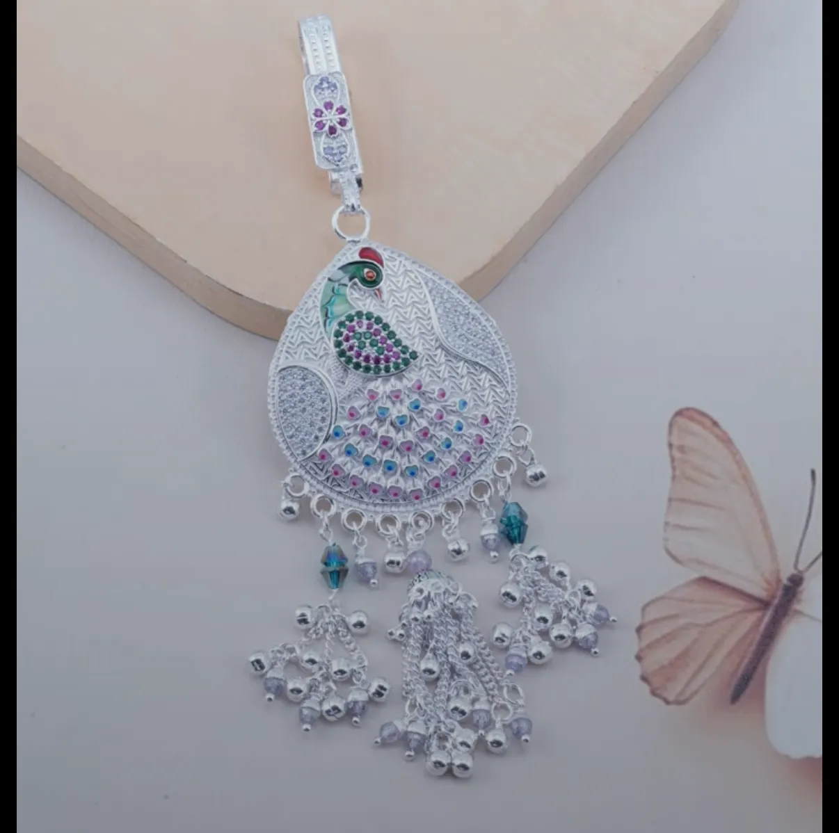 Regal Peacock Motif Silver Waist KeyChain / Chabi Chhaap